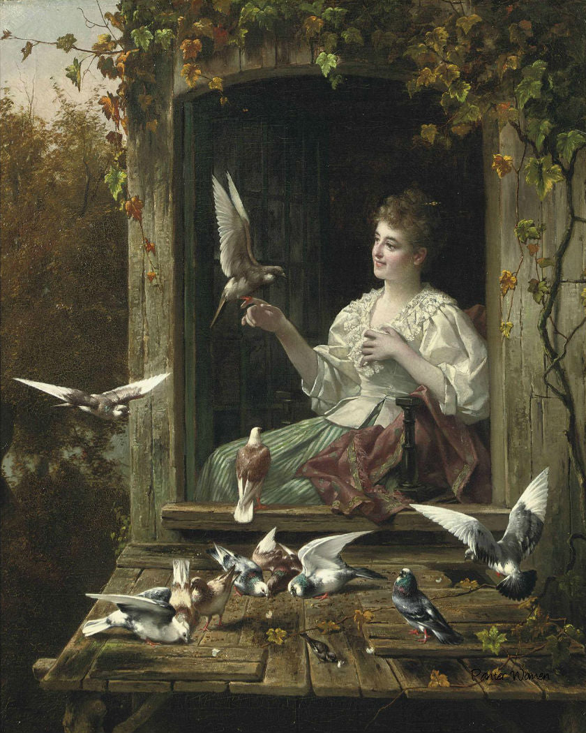 Feeding the Doves, vintage artwork by Jan Frederik Pieter Portielje, 12x8" (A4) Poster