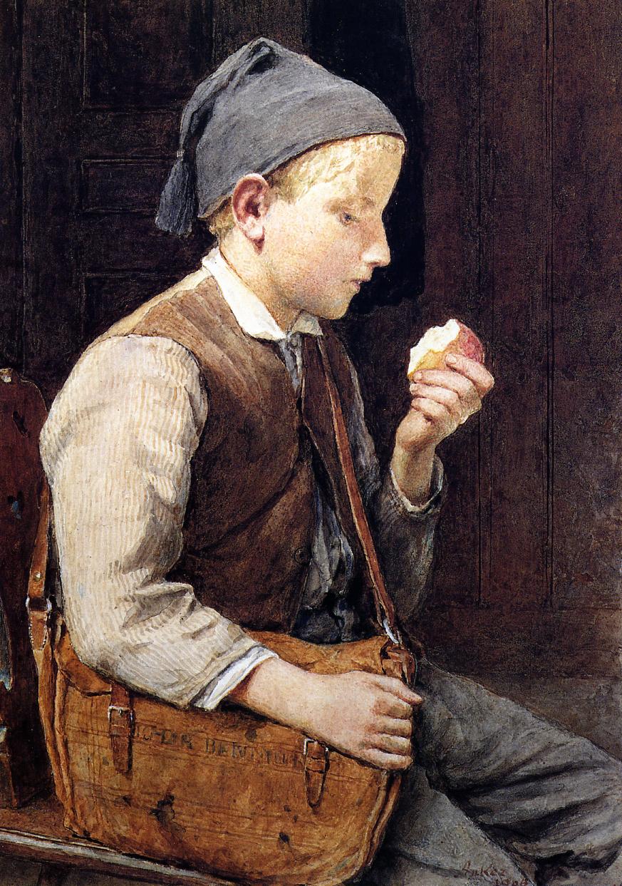 Boy Eating an Apple, vintage artwork by Albert Anker, 12x8" (A4) Poster