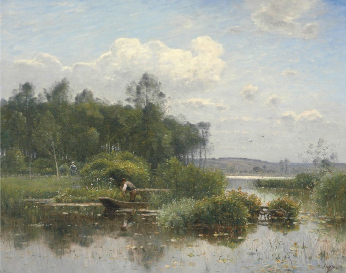 A Boatman in an Extensive River Landscape, vintage artwork by Louis-Aime Japy, 12x8" (A4) Poster