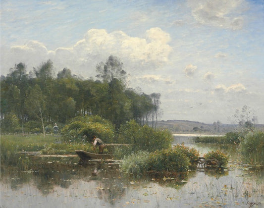 A Boatman in an Extensive River Landscape, vintage artwork by Louis-Aime Japy, 12x8" (A4) Poster