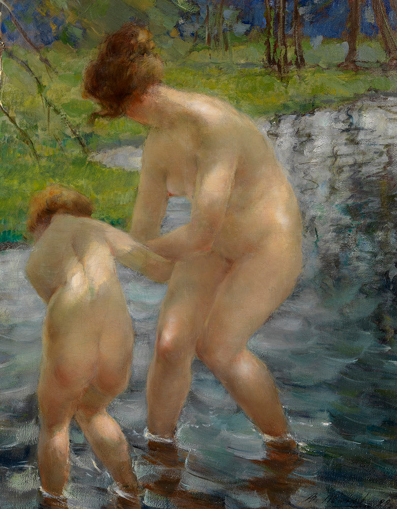 Bathing Mother and Child, vintage artwork by Vitaly Tikhov, 12x8" (A4) Poster