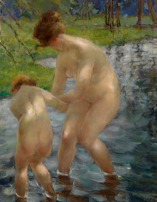 Bathing Mother and Child, vintage artwork by Vitaly Tikhov, 12x8" (A4) Poster