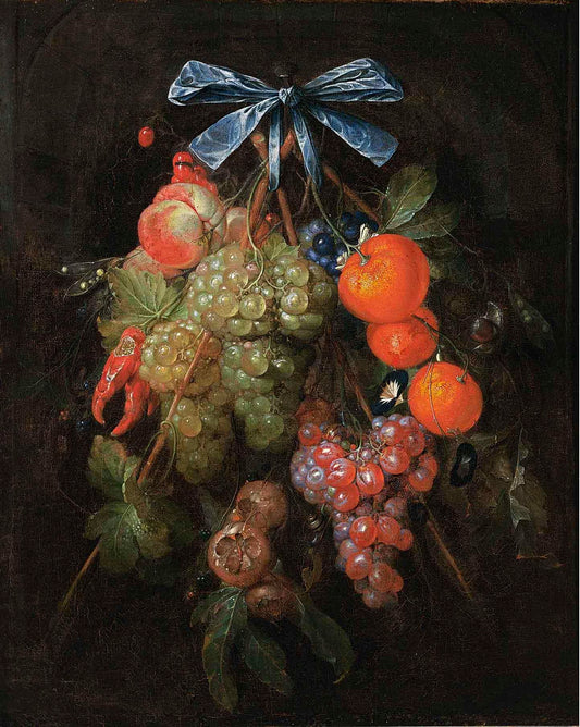 A Festoon of Grapes, a Peach, Oranges, Cherries, Red Peppers, etc., vintage artwork by Cornelis de Heem, 12x8" (A4) Poster
