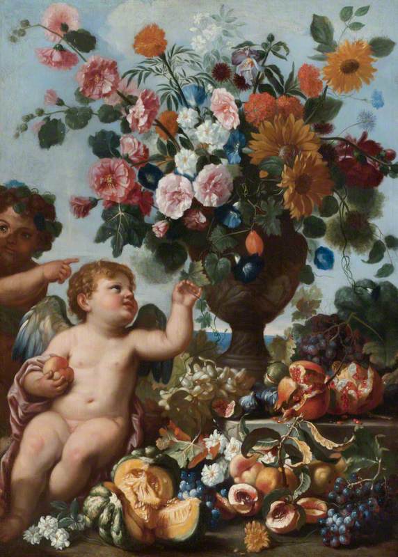 Putti with Fruit and an Urn of Flowers, vintage artwork by Abraham Brueghel, 12x8" (A4) Poster