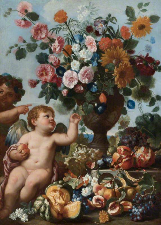 Putti with Fruit and an Urn of Flowers, vintage artwork by Abraham Brueghel, 12x8" (A4) Poster
