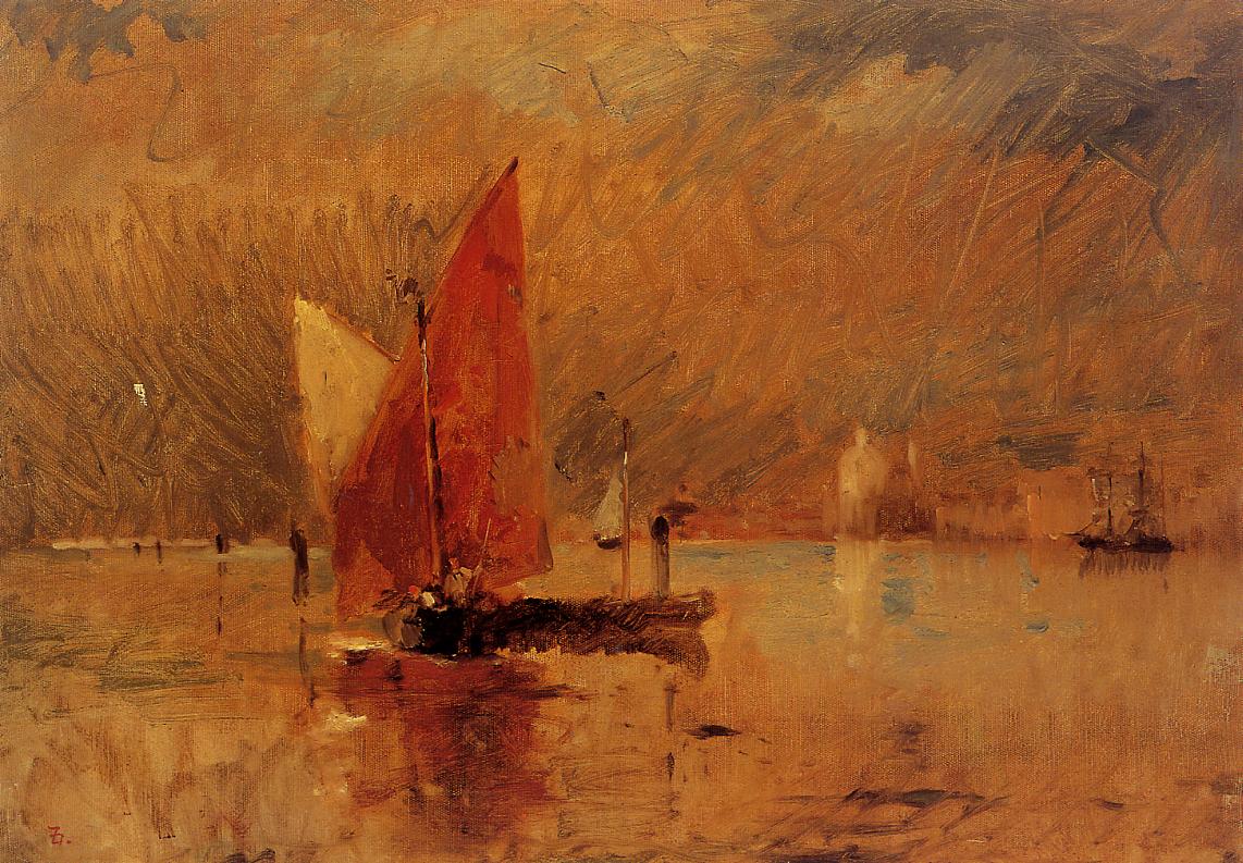 Red Sail in the Harbor at Venice, vintage artwork by Frank Duveneck, 12x8" (A4) Poster