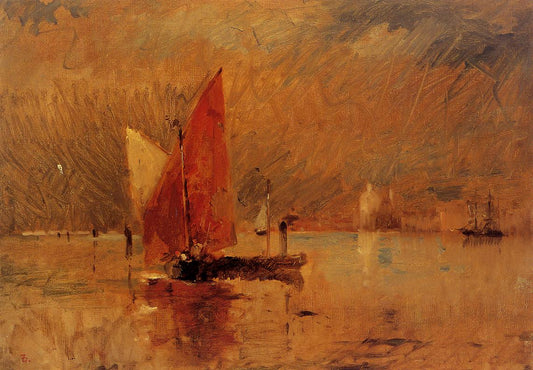 Red Sail in the Harbor at Venice, vintage artwork by Frank Duveneck, 12x8" (A4) Poster