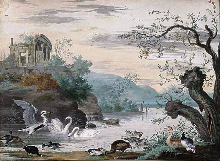 An Italianate Landscape with Swans, a Heron, Ducks and a Goose, vintage artwork by Johannes van Bronckhorst, 12x8" (A4) Poster
