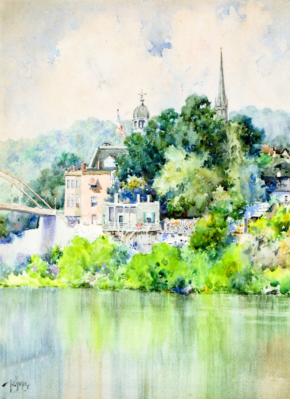 View of the Singing Bridge, Frankfort, KY, vintage artwork by Paul Sawyier, 12x8" (A4) Poster