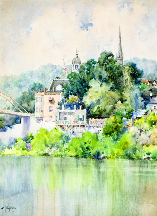 View of the Singing Bridge, Frankfort, KY, vintage artwork by Paul Sawyier, 12x8" (A4) Poster
