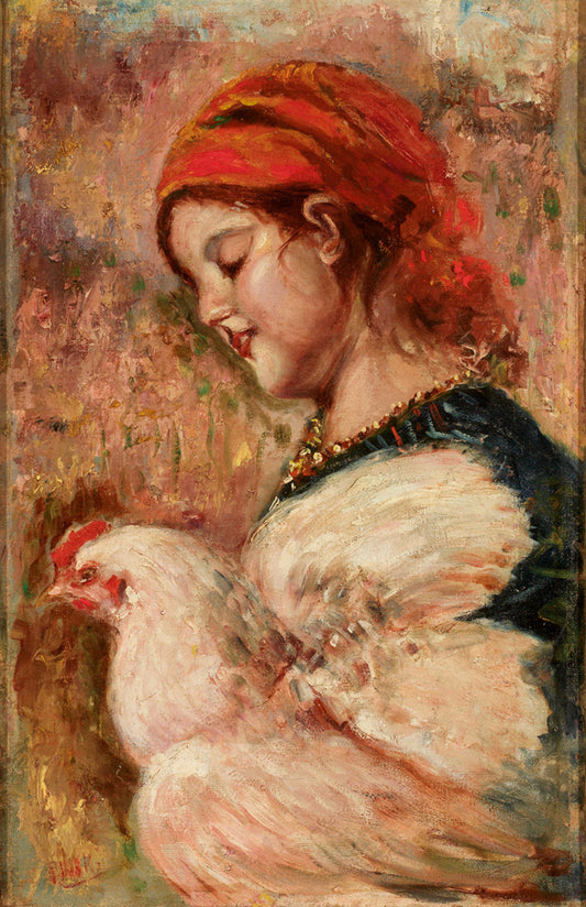 Girl with a Hen, vintage artwork by Vincenzo Irolli, 12x8" (A4) Poster