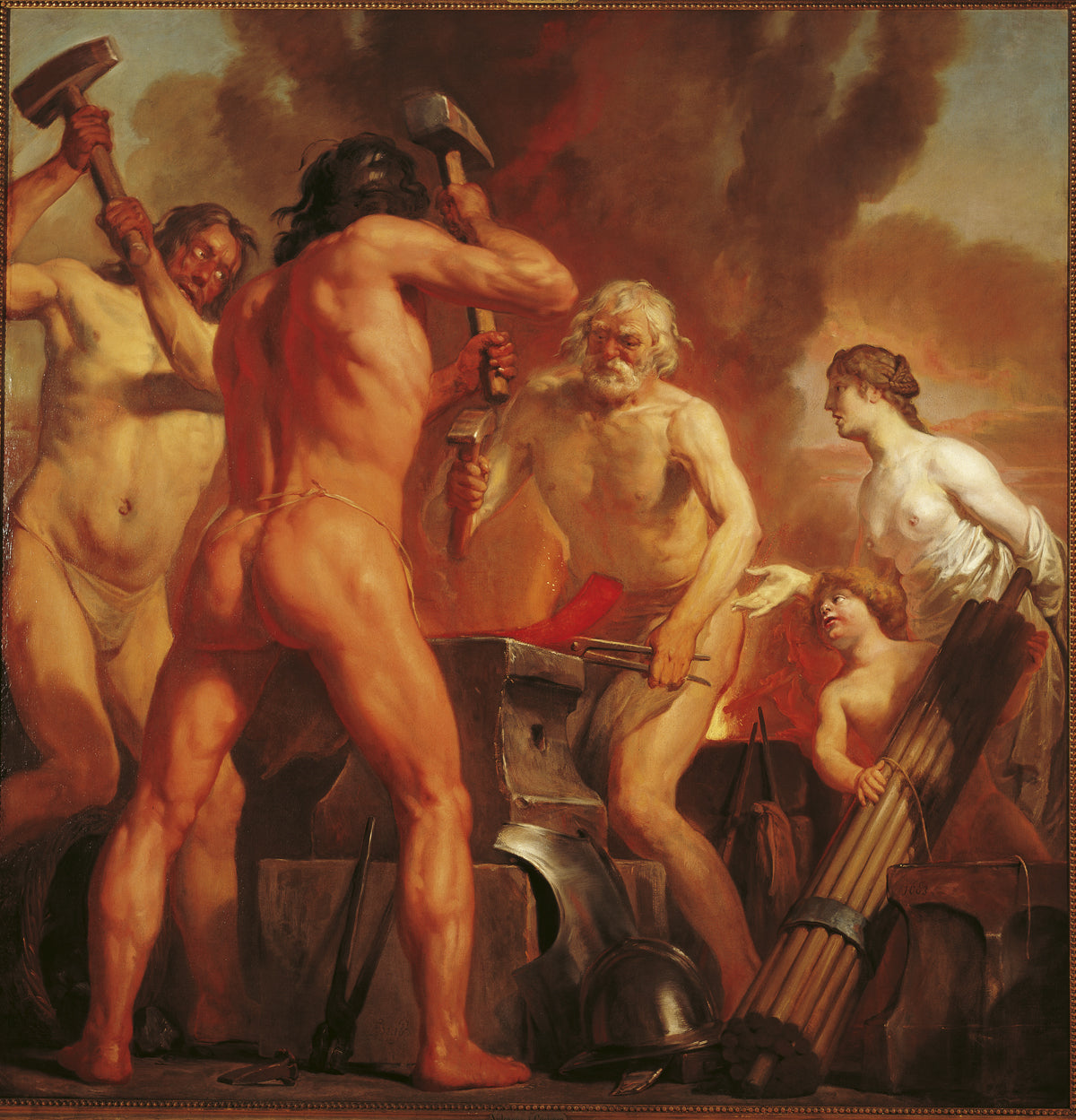 Venus and Cupid in Vulcan's Smithy, vintage artwork by Jan de Bray, 12x8" (A4) Poster