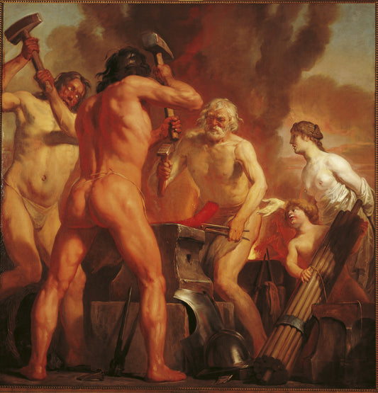 Venus and Cupid in Vulcan's Smithy, vintage artwork by Jan de Bray, 12x8" (A4) Poster