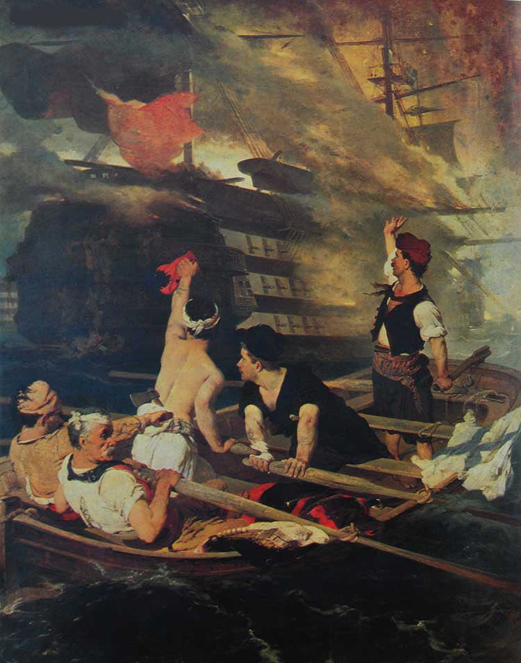 The blowing up of the Turkish flagship by  Kanaris, vintage artwork by Nikiphoros Lytras, 12x8" (A4) Poster