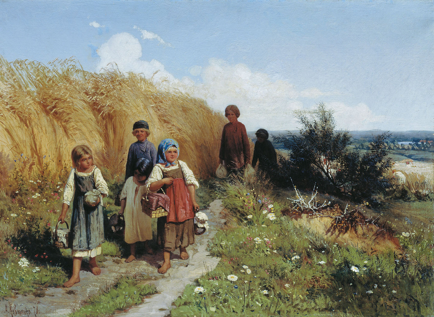 Children Carrying Lunch to Harvesters, vintage artwork by Aleksei Danilovich Kivshenko, 12x8" (A4) Poster