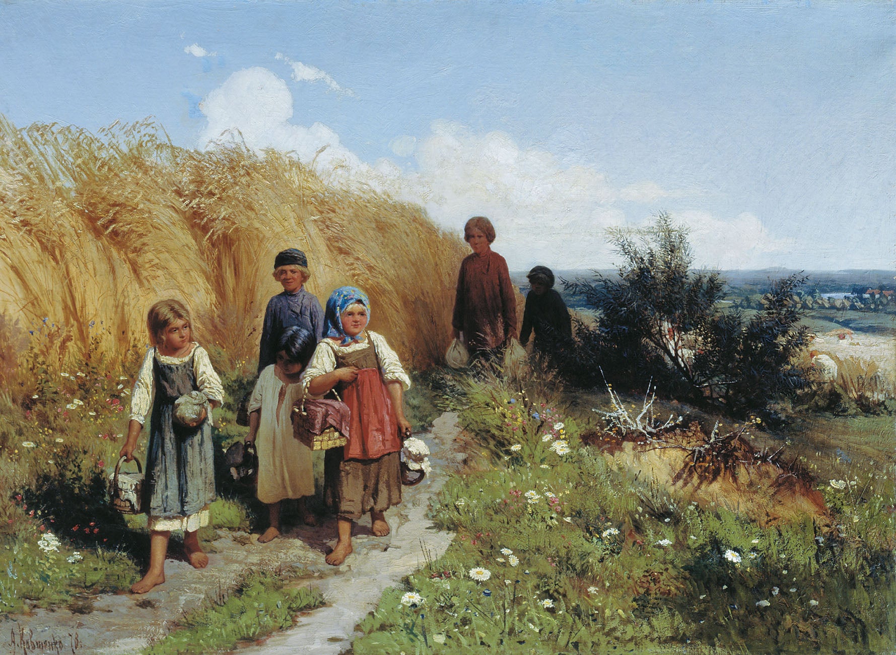 Children Carrying Lunch to Harvesters, vintage artwork by Aleksei Danilovich Kivshenko, 12x8" (A4) Poster