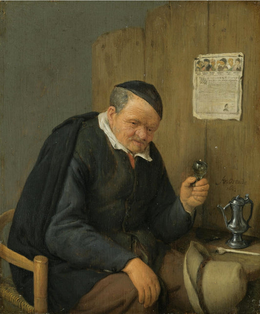 An Elderly Man Seated Holding a Wineglass, vintage artwork by Adriaen van Ostade, 12x8" (A4) Poster