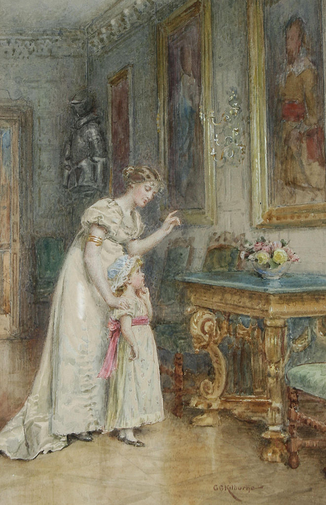 Mother and child in a picture gallery, vintage artwork by George Goodwin Kilburne, 12x8" (A4) Poster