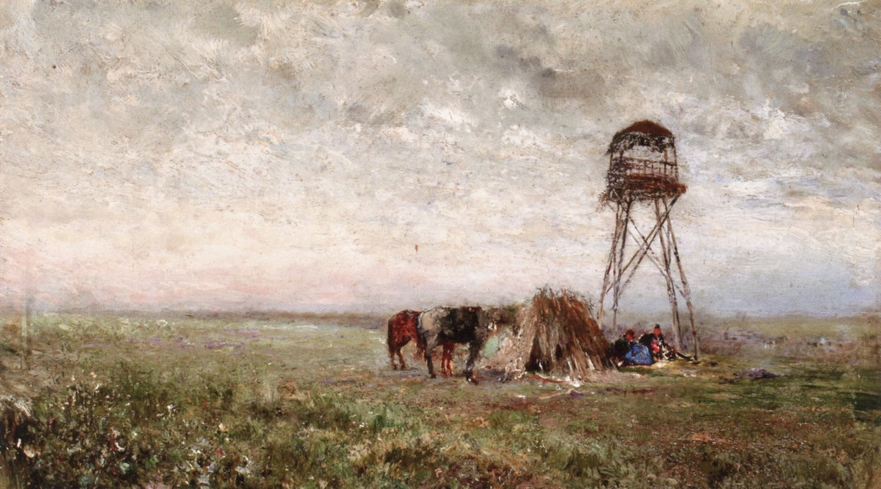 Cossacks beneath a Watchtower on the Caucasus Frontier, vintage artwork by Ivan Pokhitonov, 12x8" (A4) Poster