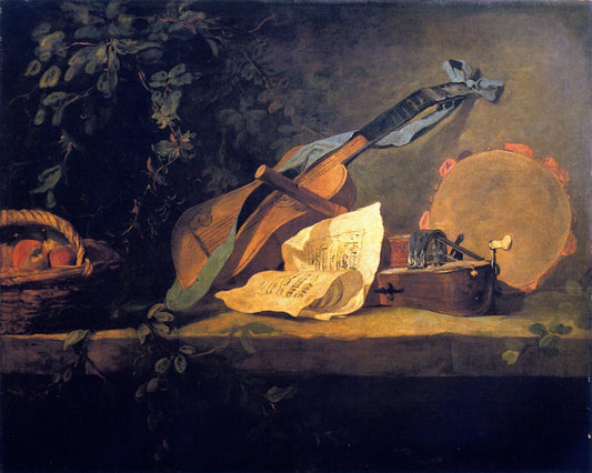 Musical Instruments and Basket of Fruit, vintage artwork by Jean-Baptiste-Simeon Chardin, 12x8" (A4) Poster