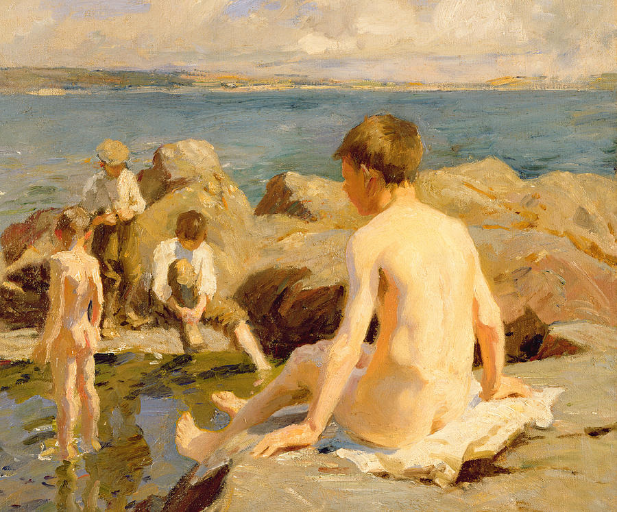 On The Rocks Near Newlyn, vintage artwork by Harold Charles Francis Harvey, 12x8" (A4) Poster