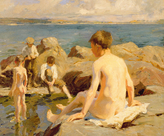 On The Rocks Near Newlyn, vintage artwork by Harold Charles Francis Harvey, 12x8" (A4) Poster