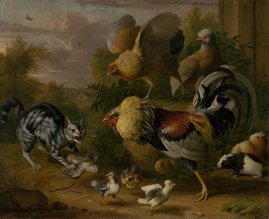 Cat among Roosters, vintage artwork by Jakob Bogdány, 12x8" (A4) Poster