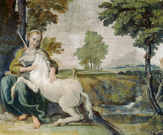 Virgin and Unicorn, vintage artwork by Domenichino, 12x8" (A4) Poster