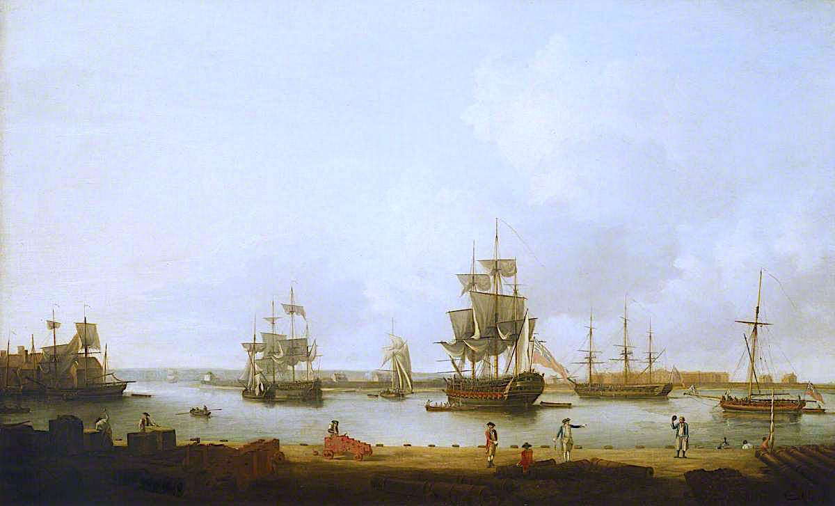 Ships off the Gun Wharf at Portsmouth, 1770, vintage artwork by Dominic Serres, 12x8" (A4) Poster