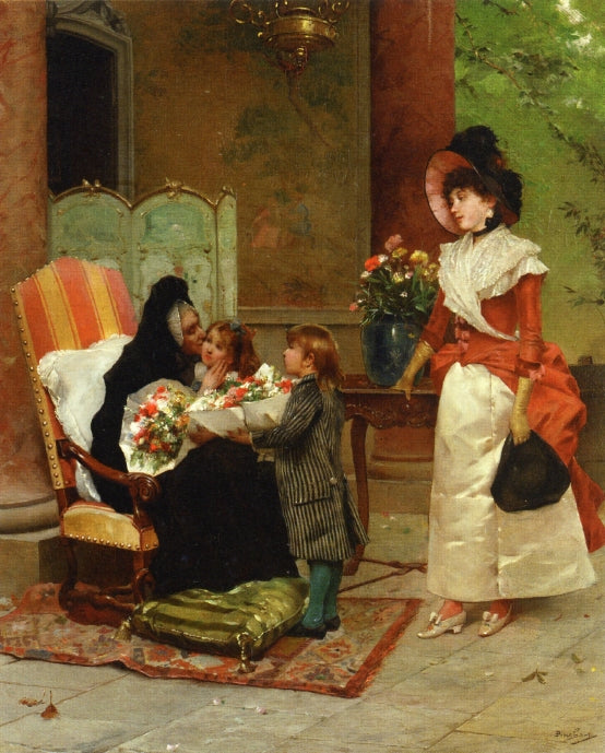 Flowers for Grandmother, vintage artwork by Emile-Auguste Pinchart, 12x8" (A4) Poster