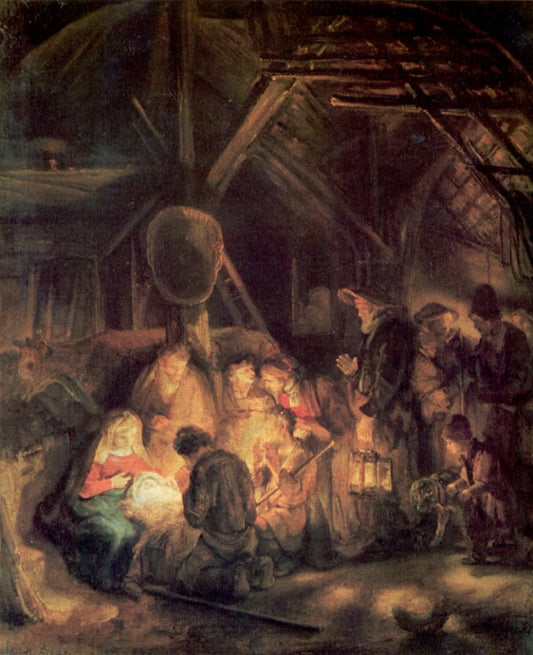 The Adoration of the Shepards, vintage artwork by Rembrandt van Rijn, 12x8" (A4) Poster