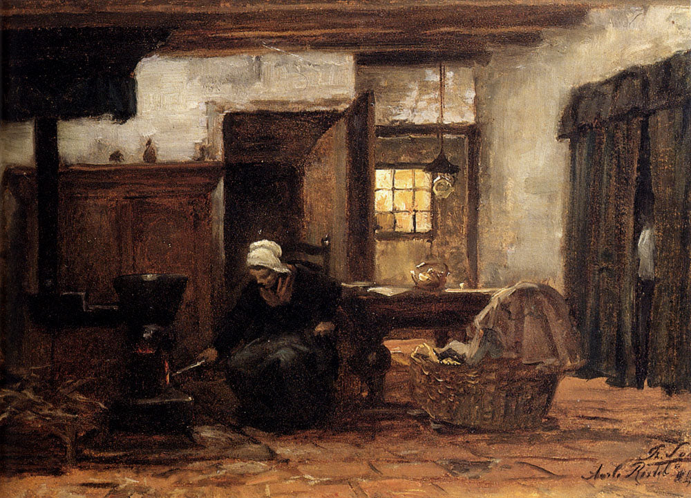 Lighting the stove, vintage artwork by Philip Lodewijk Jacob Frederik Sadee, 12x8" (A4) Poster