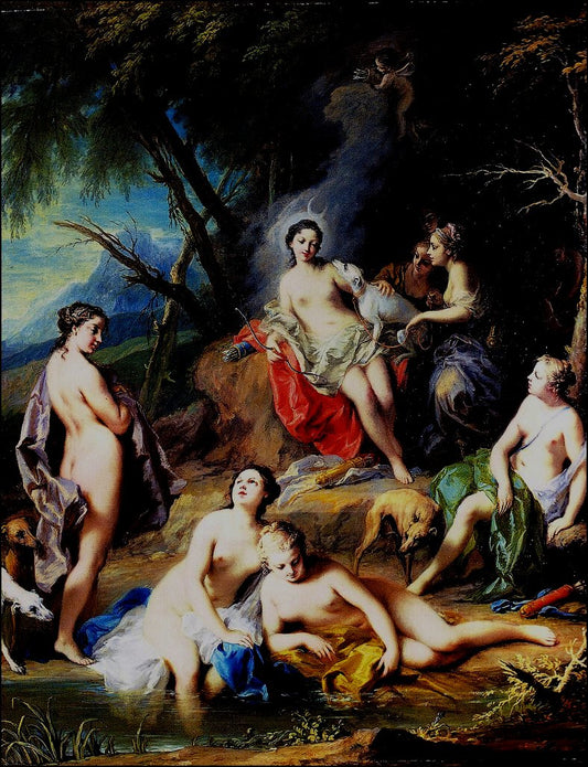 Diana Bathing with her Nymphs, vintage artwork by Jacopo Amigoni, 12x8" (A4) Poster