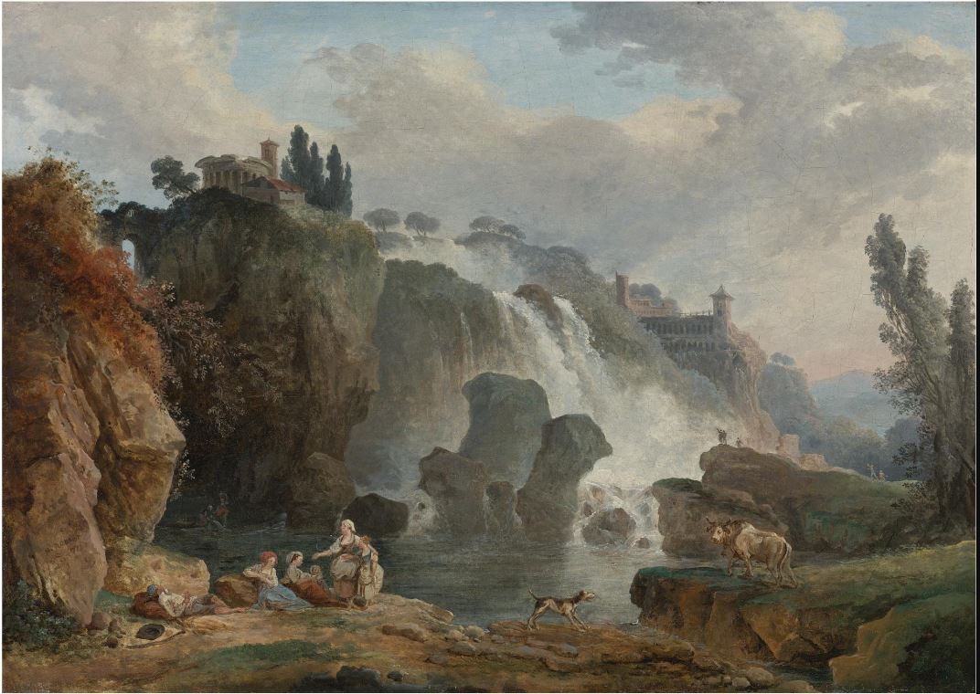 The Cascades of Tivoli with the Temple of Vesta, vintage artwork by Hubert Robert, 12x8" (A4) Poster