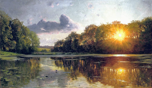 Sunset over a forest lake, vintage artwork by Peder Mork Mønsted, 12x8" (A4) Poster