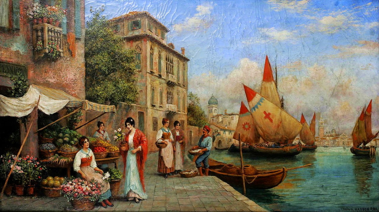 Flower Seller, Venice, vintage artwork by Arthur Trevor Haddon, 12x8" (A4) Poster