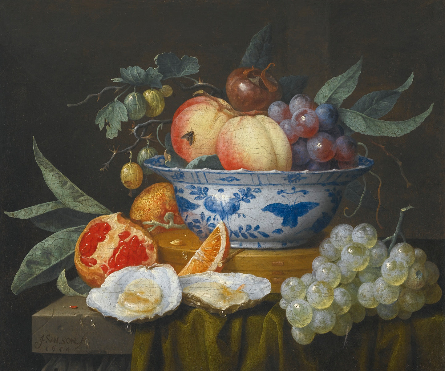 Still-life of Fruit in a Bowl with Oysters and Grapes, vintage artwork by Joris van Son, 12x8" (A4) Poster