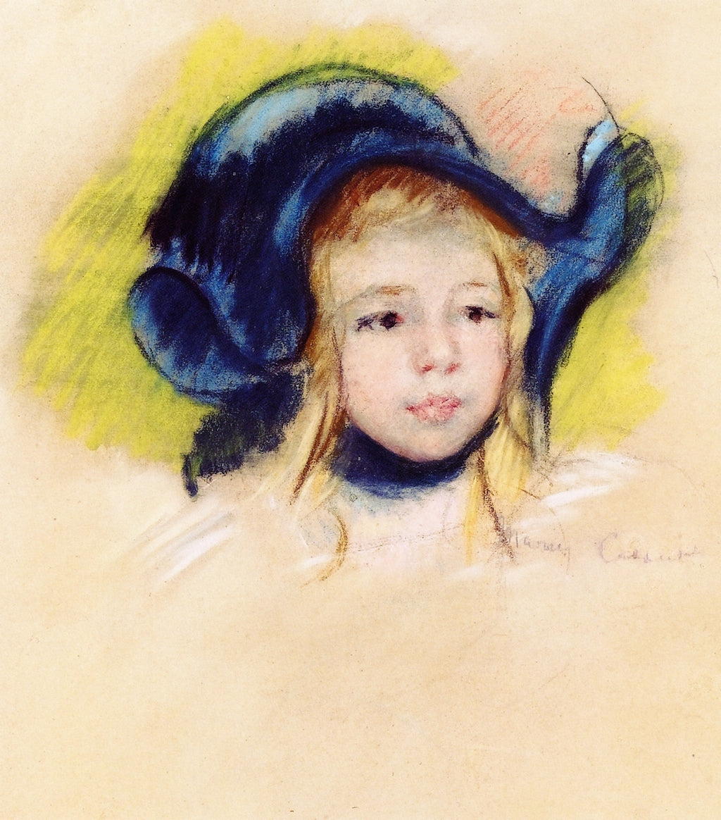 Head of Simone in a Green Bonnet with Wavy Brim, vintage artwork by Mary Cassatt, 12x8" (A4) Poster