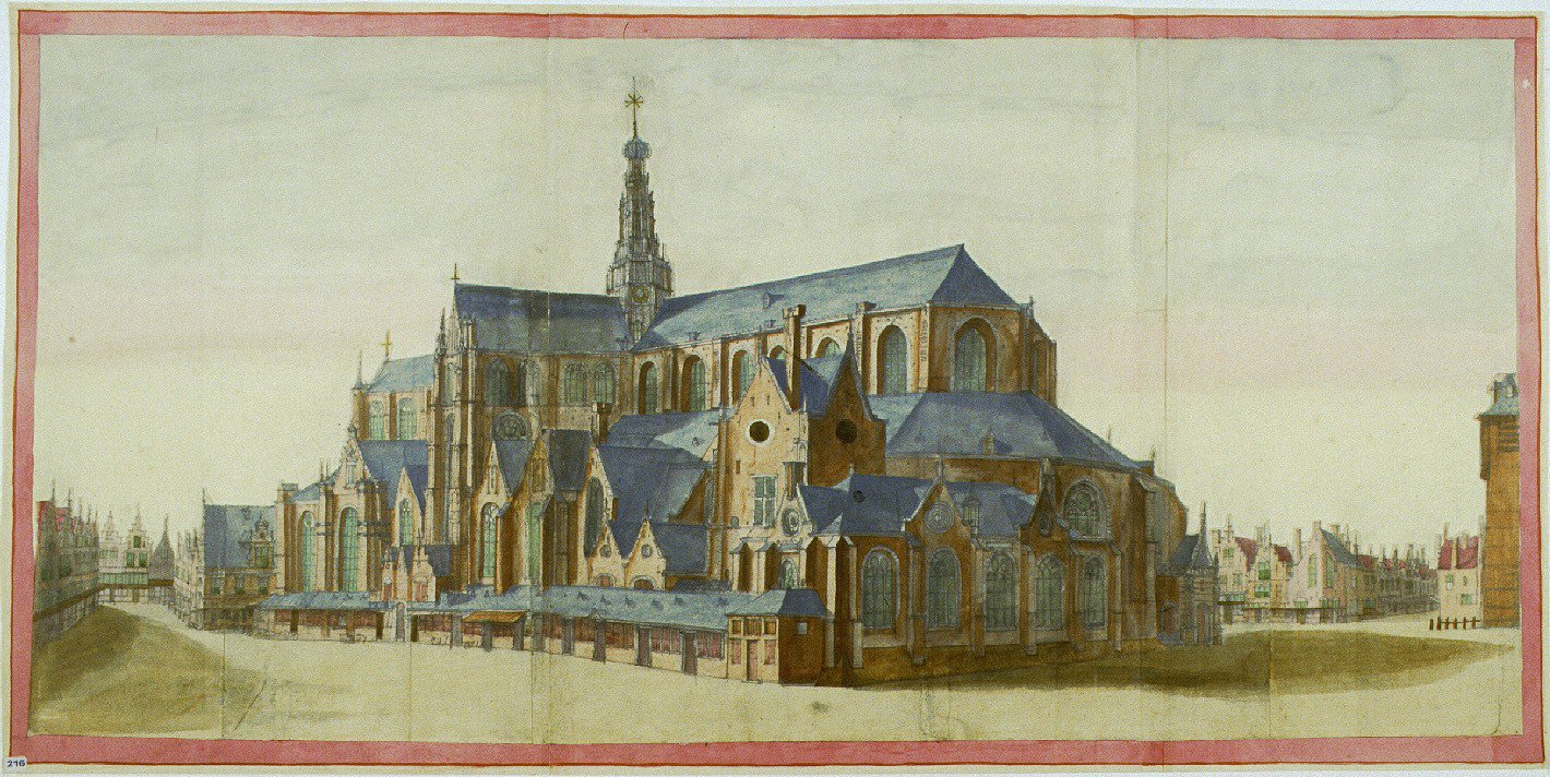 View of the St. Bavochurch from the Lange Veerstraat in Haarlem, vintage artwork by Jan Abrahamsz Beerstraten, 12x8" (A4) Poster
