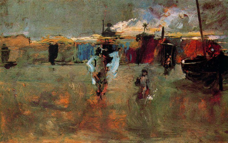 Beach Scene with Shacks and Boats, vintage artwork by Ignacio Pinazo Camarlench, 12x8" (A4) Poster