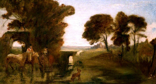 Horses and Figures at a Ford, vintage artwork by Peter de Wint, 12x8" (A4) Poster