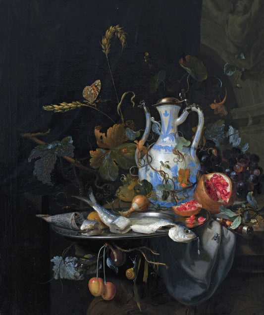 A Still Life with a Chinese Porcelain Jug, a Pewter Plate with a Herring, a Pomegranate, etc., vintage artwork by Jan Mortel, 12x8" (A4) Poster