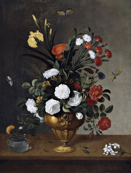 Flowers in a Vase and a Glass Bowl with a Carnation, vintage artwork by Pedro de Camprobin, 12x8" (A4) Poster