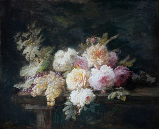 Still Life, Roses and Grapes, vintage artwork by Hans Iten, 12x8" (A4) Poster