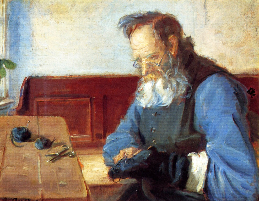 A Man Mending Socks, vintage artwork by Anna Ancher, 12x8" (A4) Poster