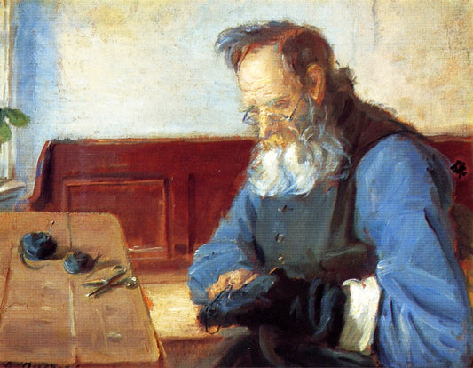 A Man Mending Socks, vintage artwork by Anna Ancher, 12x8" (A4) Poster
