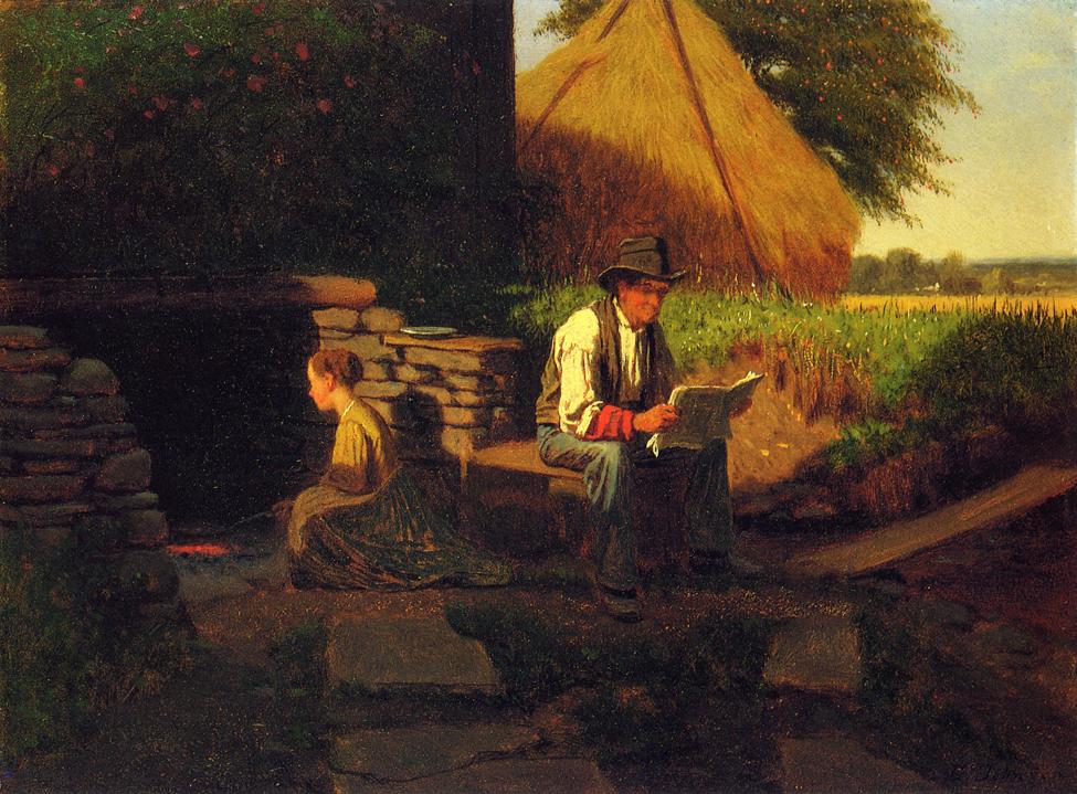 Catching Up on the News, vintage artwork by Eastman Johnson, 12x8" (A4) Poster