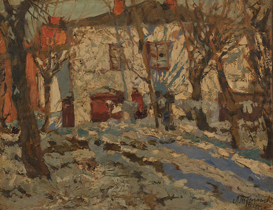 Winter Village Landscape, vintage artwork by Leonard Turzhansky, 12x8" (A4) Poster