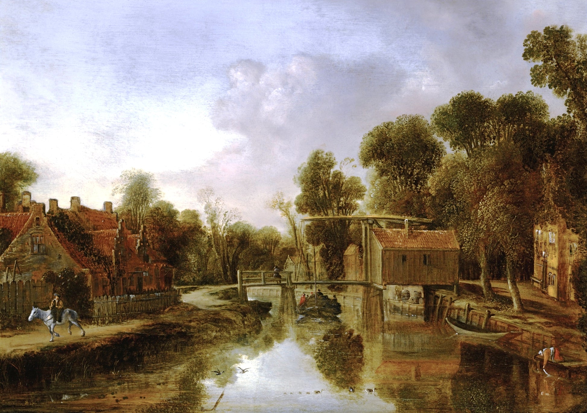 A village with a drawbridge over a river, etc., vintage artwork by Aert van der Neer, 12x8" (A4) Poster