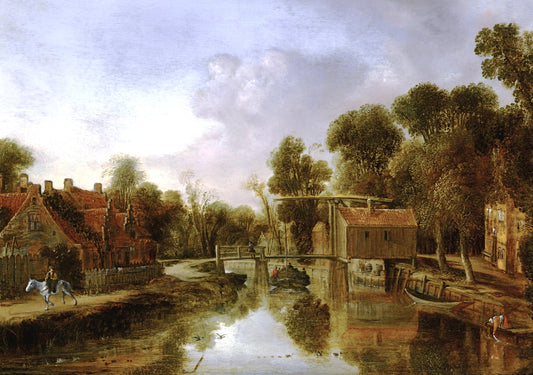 A village with a drawbridge over a river, etc., vintage artwork by Aert van der Neer, 12x8" (A4) Poster